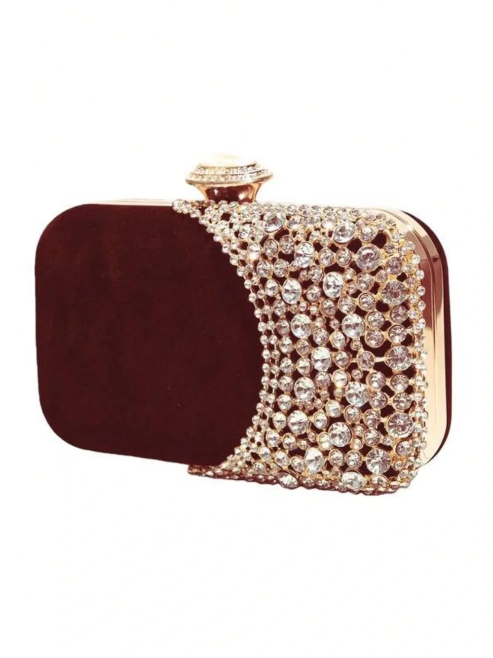 Elegant Burgundy Crystal Evening Clutch with Gold Chain